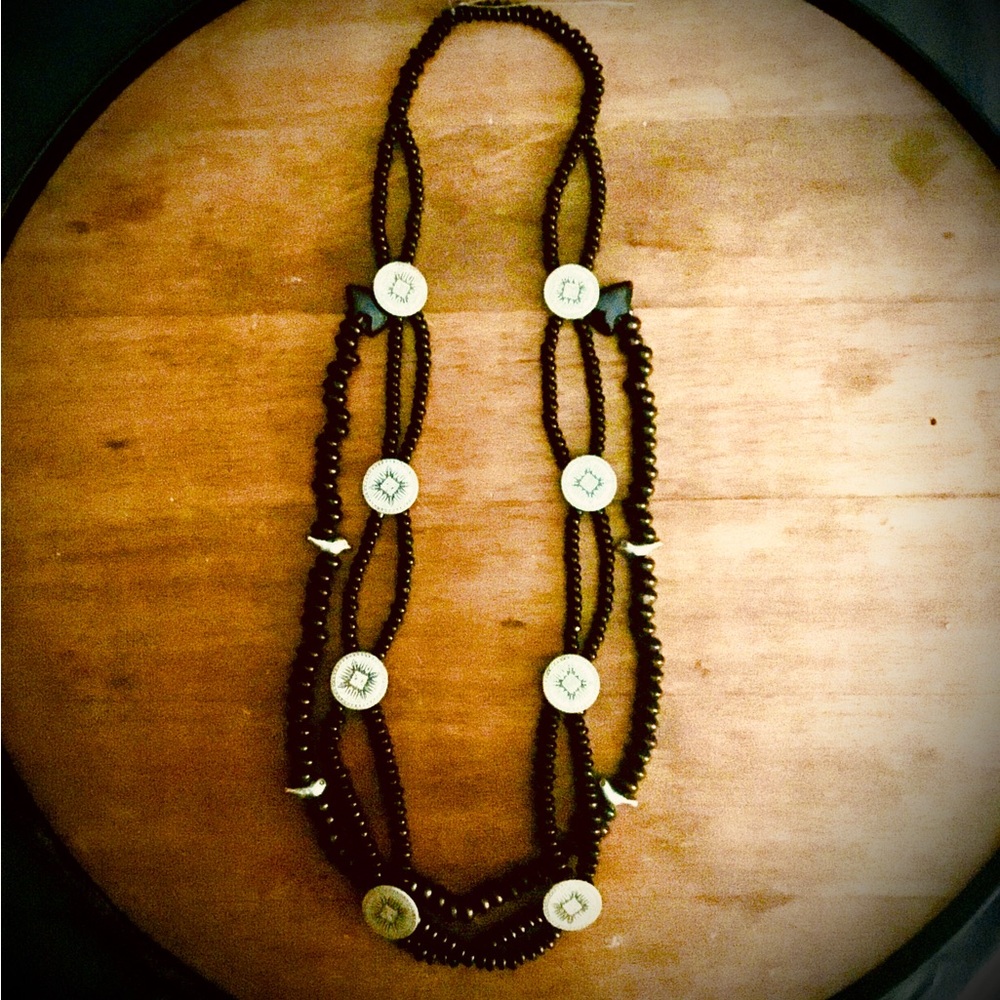 Necklace black onyx with silver birds,black onyx bear,three strands